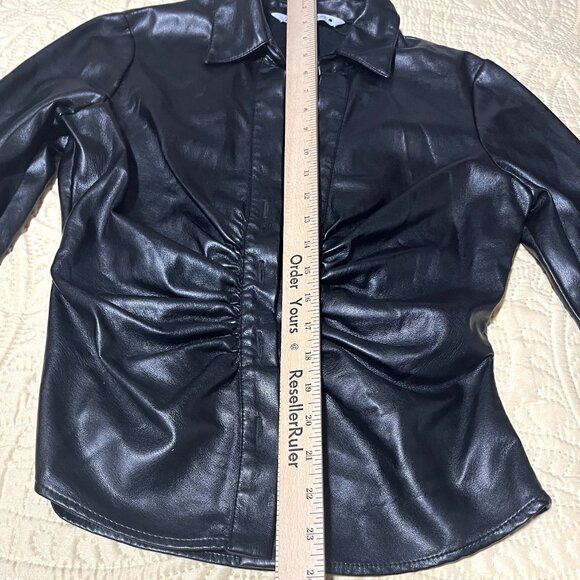 Zara Ruched Front Faux Leather Black Blouse Top Size XS Button Front - Picture 8 of 9